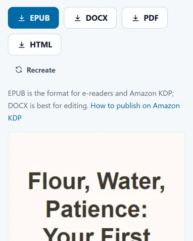 A finished book in the reader, with EPUB, DOCX, PDF and HTML download buttons