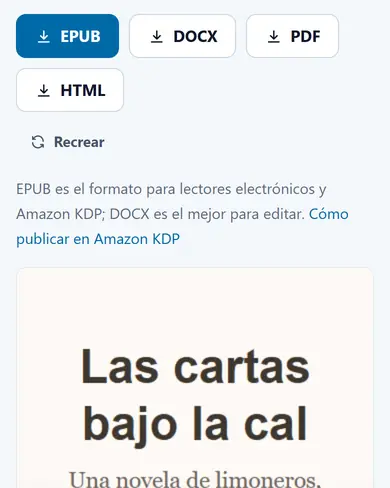 Un libro terminado en el lector, con los botones para descargar EPUB, DOCX, PDF y HTML