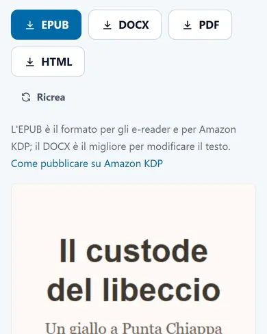 Un libro finito nel lettore, con i pulsanti per scaricare EPUB, DOCX, PDF e HTML